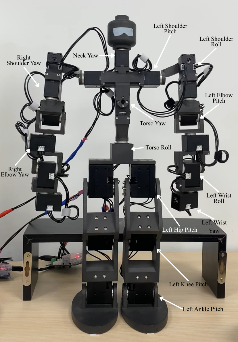 Custom 23 DoF humanoid tabletop robot used for event-aligned social robotic sports co-viewing.